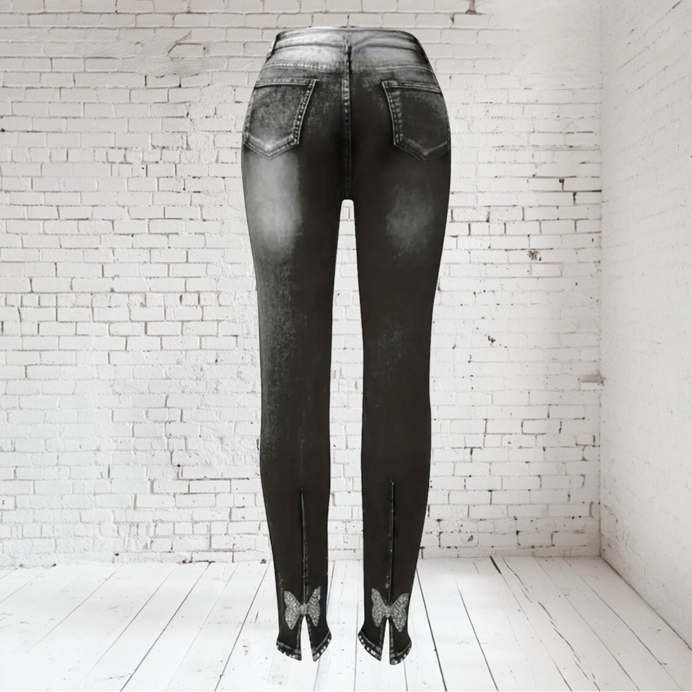 Designer Black skinny high waist Jeans cuff embellishments~Stretch 8-10